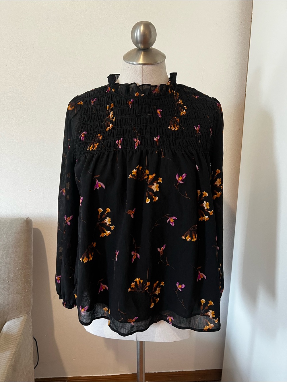 Madewell Black Floral Smocked Neck Blouse